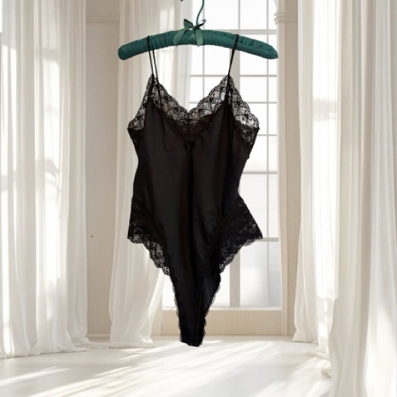 VTG Christian Dior Black Satin Lace Teddy Bodysuit Size M
